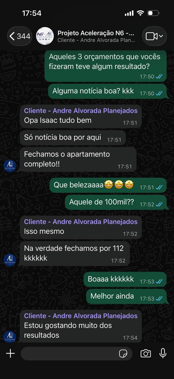 Print de conversa de WhatsApp com André, da Alvorada Planejados, fechando apartamento completo por R$112 mil